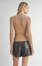 Load image into Gallery viewer, Model wearing Sadie &amp; Sage Ronan Mock Neck Knit Top in Dark Taupe - back.
