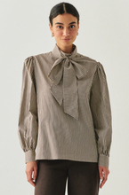 Load image into Gallery viewer, Exquise -Indigo Brown-Bone Striped Cotton Blouse with High Neck, Tie Detail, and Long Sleeves

