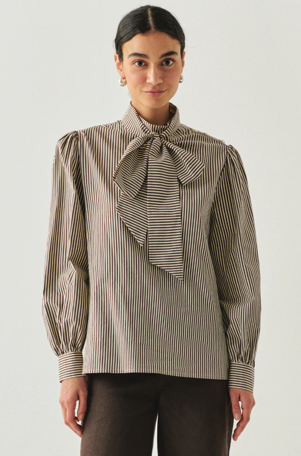 Exquise -Indigo Brown-Bone Striped Cotton Blouse with High Neck, Tie Detail, and Long Sleeves