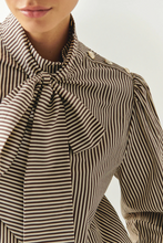 Load image into Gallery viewer, Exquise -Indigo Brown-Bone Striped Cotton Blouse with High Neck, Tie Detail, and Long Sleeves
