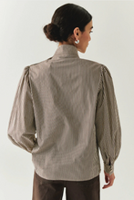 Load image into Gallery viewer, Exquise -Indigo Brown-Bone Striped Cotton Blouse with High Neck, Tie Detail, and Long Sleeves
