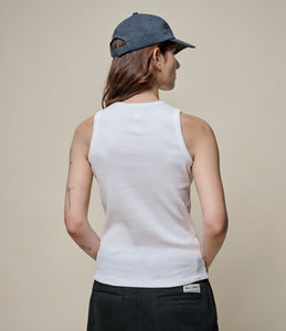 Model wearing Merz B. Schwanen - Good Basics W Rib Tank in White - back.