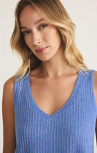 Load image into Gallery viewer, Model wearing ZSupply - Sloane V-Neck Rib Tank in Bay Blue.
