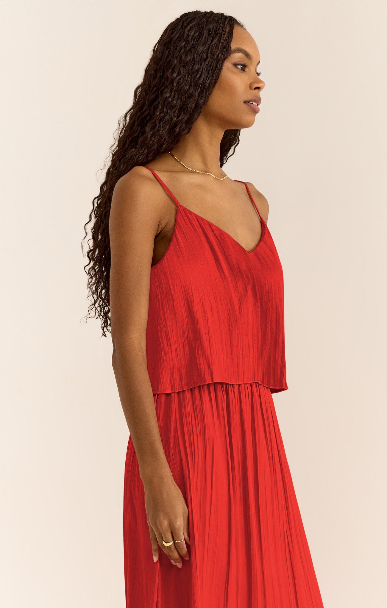 Model wearing ZSupply - Fiore Crinkle Satin Tank in Cabana Red.