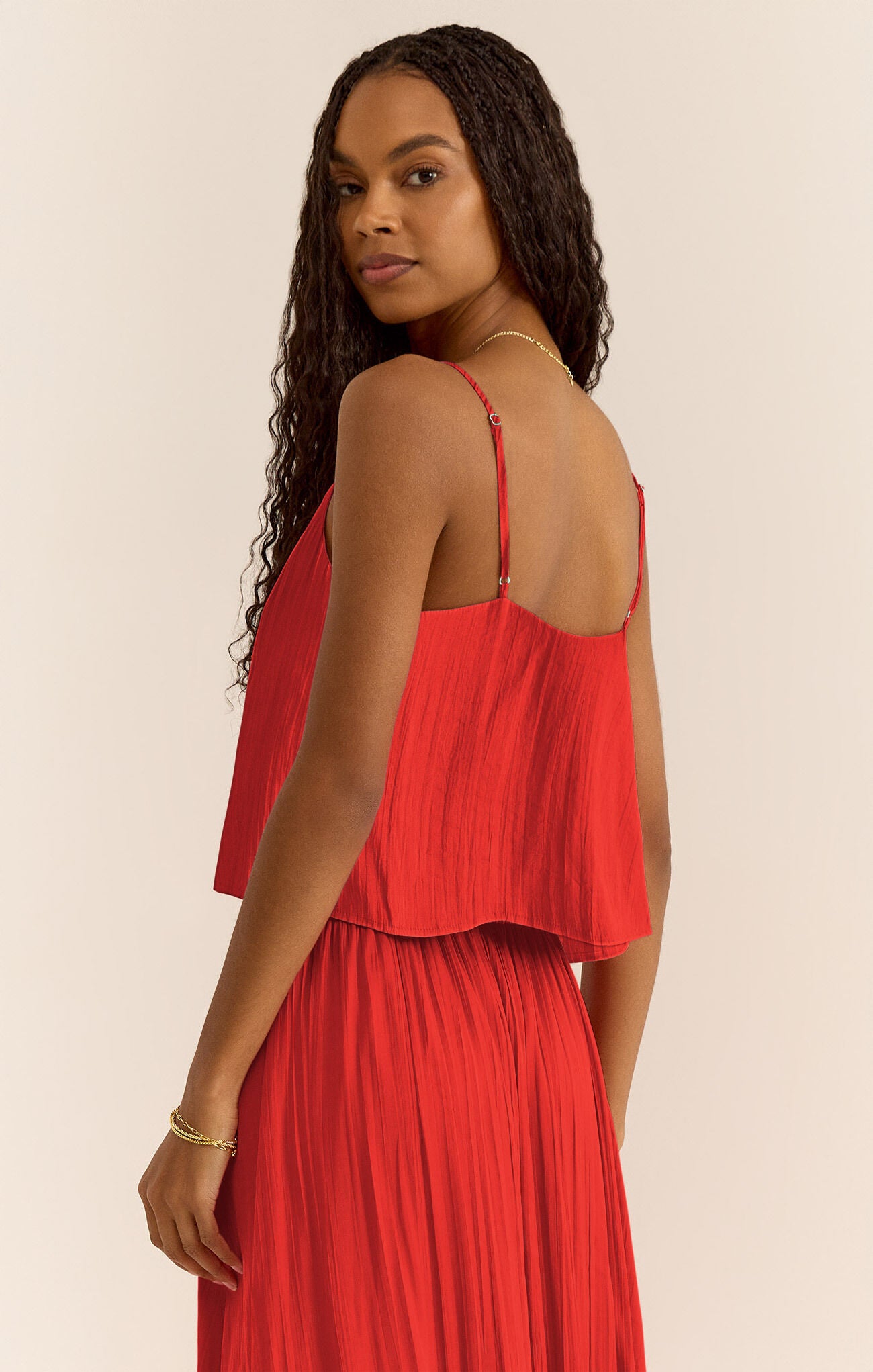 Model wearing ZSupply - Fiore Crinkle Satin Tank in Cabana Red - back.