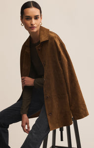 Model wearing ZSupply Decker Suede Chore Jacket in Coconut.