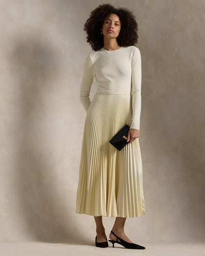 Model wearing Polo Ralph Lauren - Sweater-Bodice LS Dress in Authentic Cream.