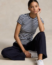 Load image into Gallery viewer, Model wearing Polo Ralph Lauren - Striped Ribbed Cotton Crewneck Tee in Navy/White.
