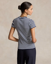 Load image into Gallery viewer, Model wearing Polo Ralph Lauren - Striped Ribbed Cotton Crewneck Tee in Navy/White - back.
