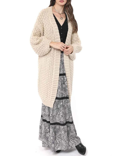Model wearing Sadie & Sage - Iggy Hand Knit Chunky Long Open Cardigan in Natural.