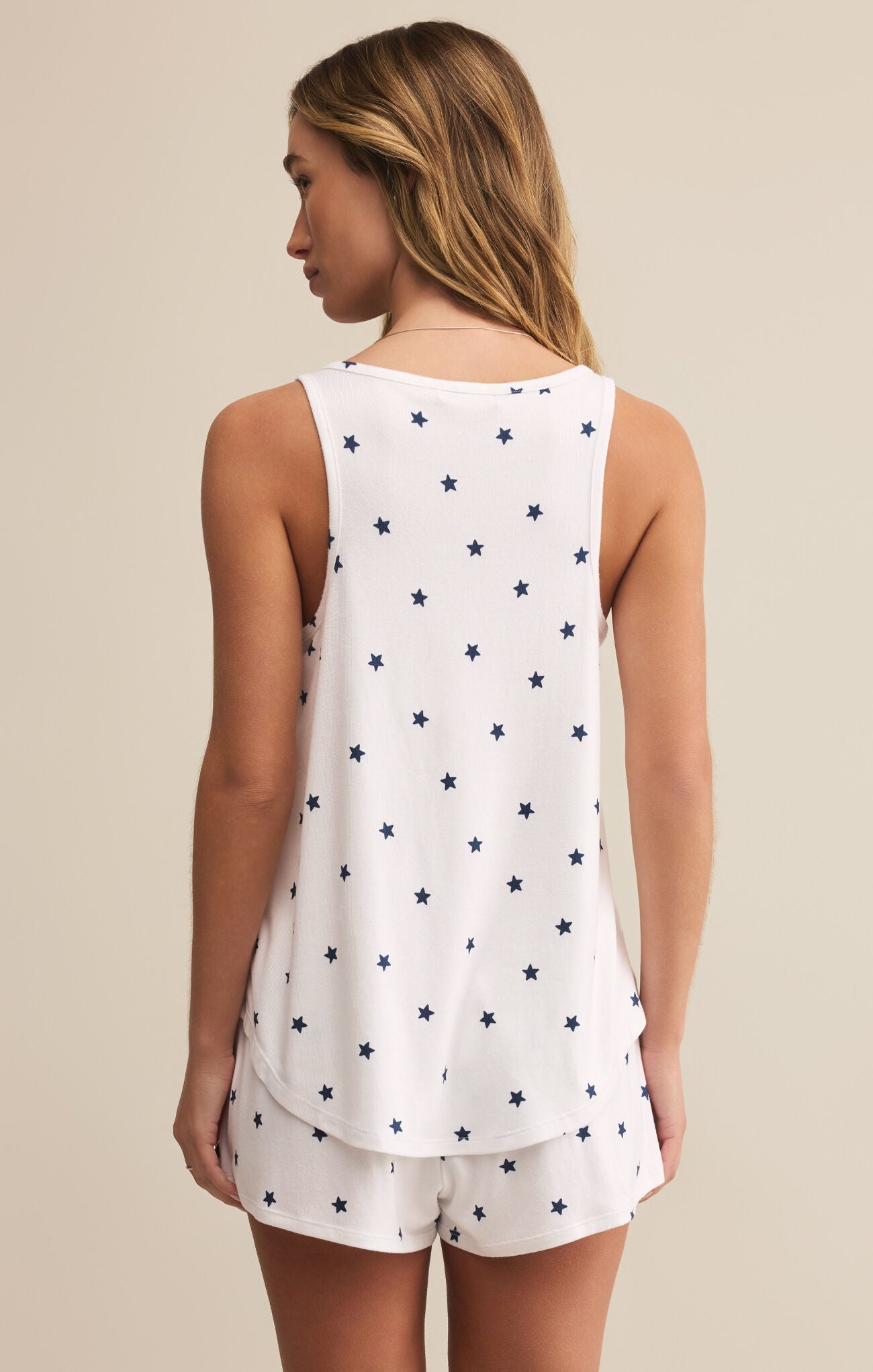Model wearing ZSupply - This Love Mini Stars Tank in White/Navy - back.