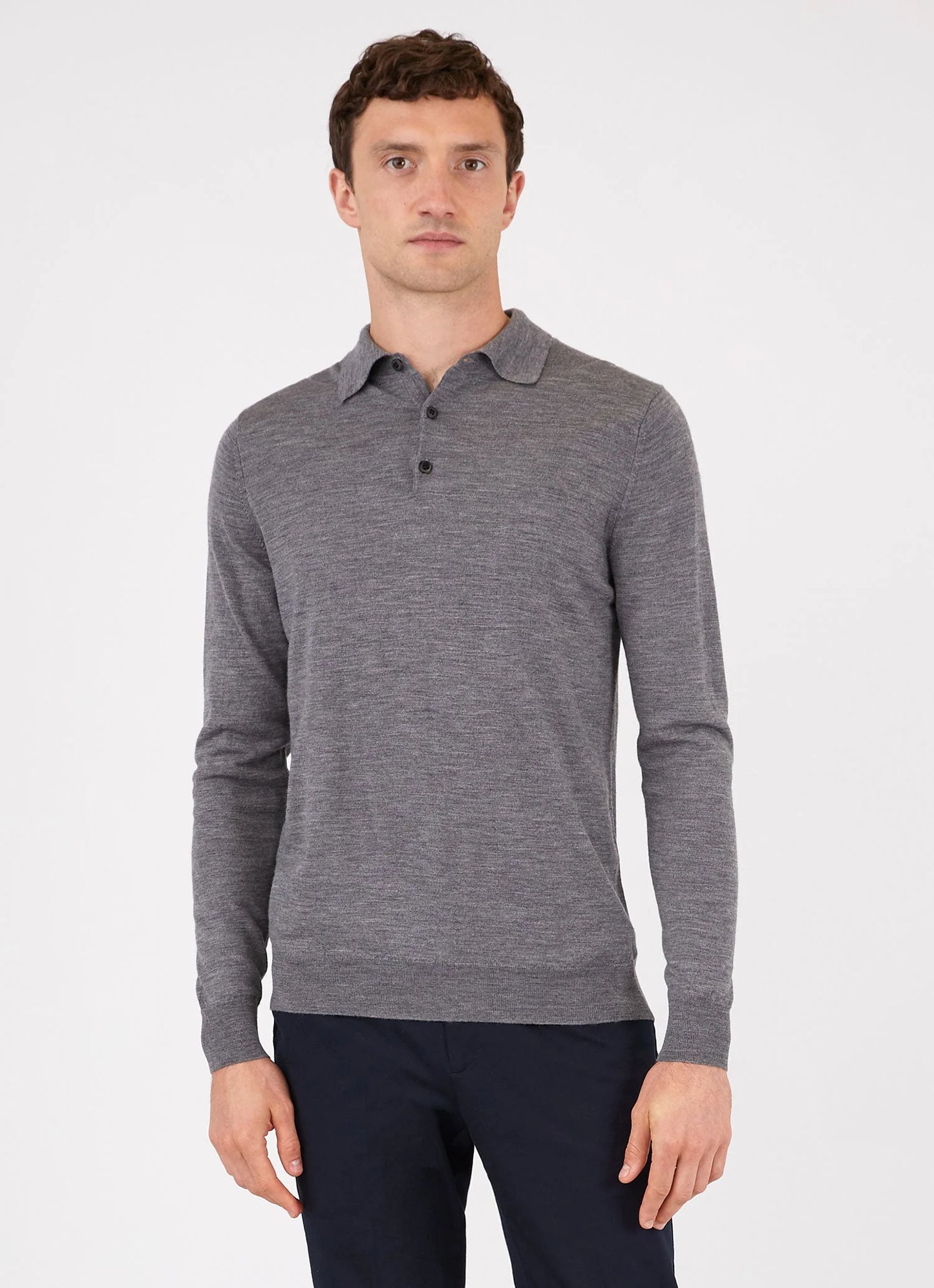 Model wearing Sunspel - Fine Merino Wool LS Polo Shirt in Grey.