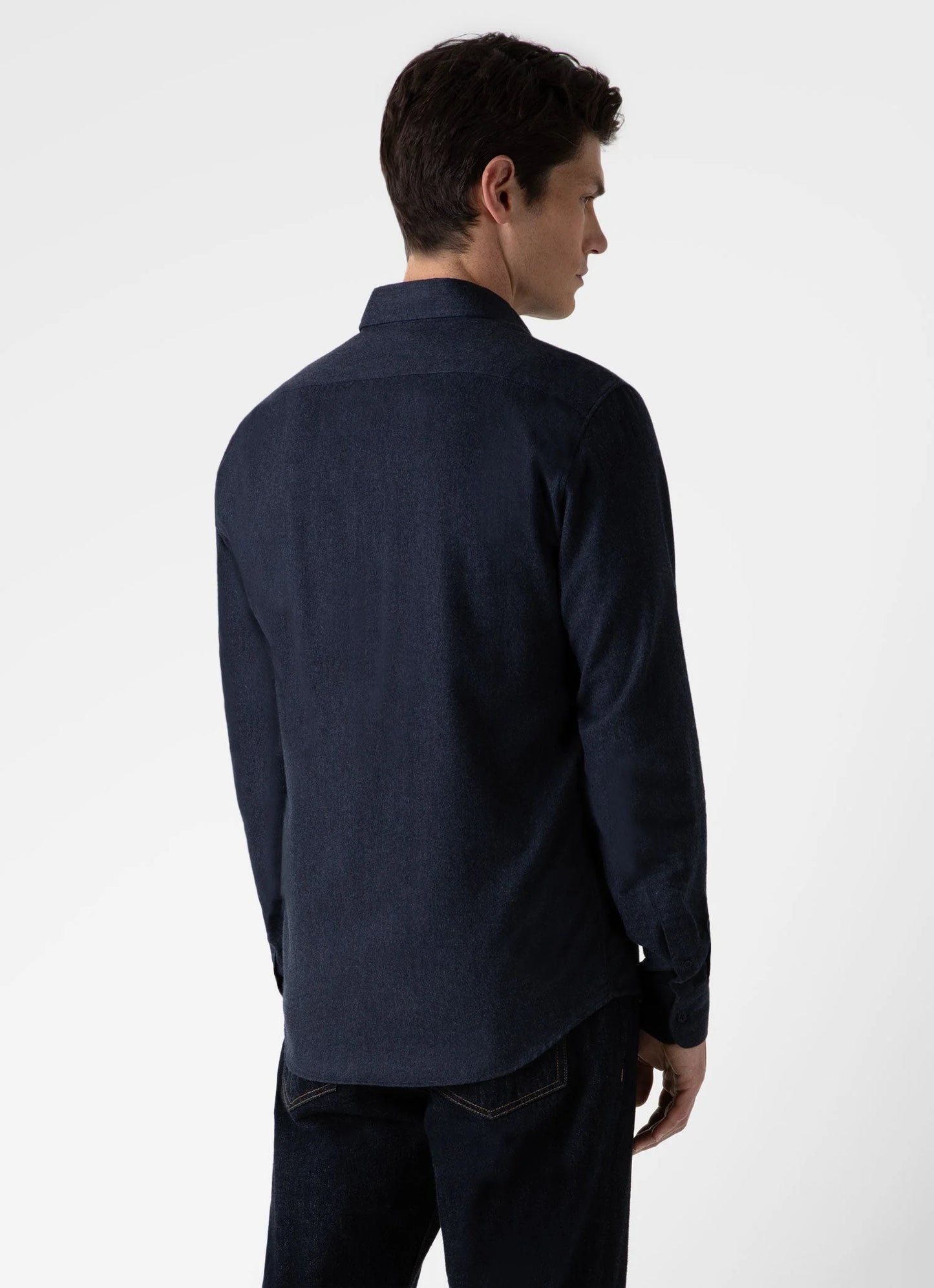Model wearing Sunspel - Button Down Flannel Shirt in Navy Melange - back.