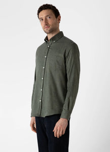 Model wearing Sunspel - Button Down Flannel Shirt in Green Melange.