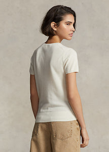 Model wearing Polo Ralph Lauren - Cashmere Short Sleeve Crewneck in Cream - back.