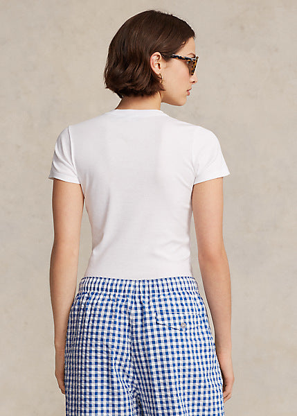 Model wearing Polo Ralph Lauren - Ribbed Cotton Tee in White - back.