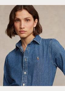 Model wearing Polo Ralph Lauren - Straight Fit Denim Shirt in Merced Wash.