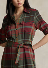 Load image into Gallery viewer, Model wearing Polo Ralph Lauren - Belted Plaid Cotton-Blend Dress in Red Multi Plaid.
