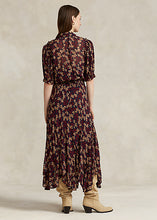 Load image into Gallery viewer, Model working Polo Ralph Lauren - Floral Tie-Neck Georgette Dress in Fall Poppy Floral - back.
