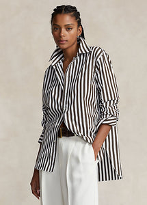 Model wearing Polo Ralph Lauren - Relaxed Fit Striped Cotton Shirt in Brown/White Stripe.