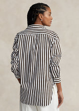 Load image into Gallery viewer, Model wearing Polo Ralph Lauren - Relaxed Fit Striped Cotton Shirt in Brown/White Stripe - back.
