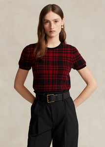Model wearing Polo Ralph Lauren - Plaid Wool Short Sleeve Sweater in Red/Black Plaid.