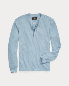 RRL - Garment-Dyed Waffle Knit Henley Shirt in Blue Heather.