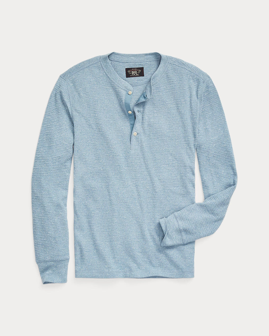 RRL - Garment-Dyed Waffle Knit Henley Shirt in Blue Heather.