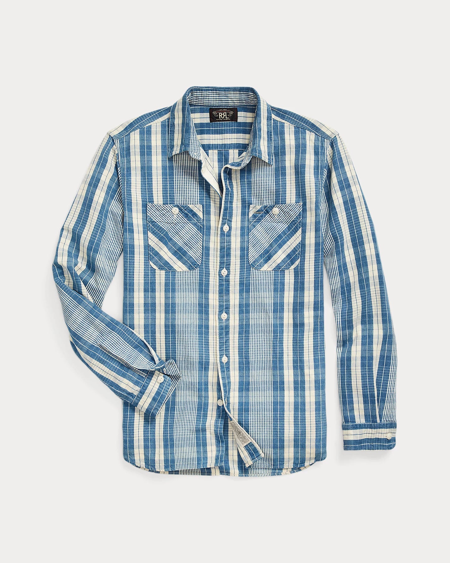 RRL - Indigo Plaid Cotton-Linen Workshirt in Indigo/Creme.