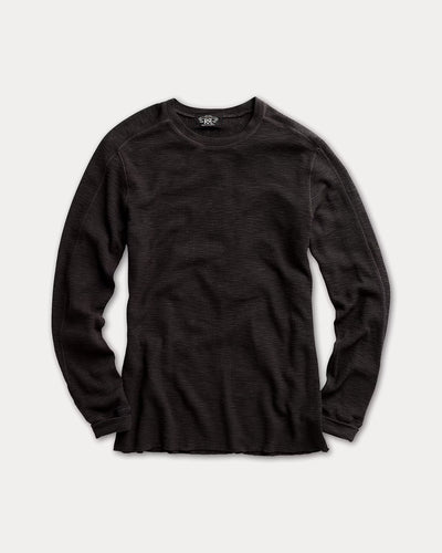 RRL - Long Sleeve Textured Cotton Waffle Knit Shirt in Faded Black.