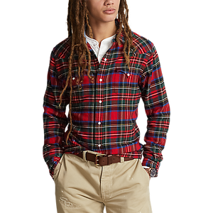 Model wearing POLO Ralph Lauren - L/S Ranch Classic Western Sport Shirt w/ Pockets in Red/Black Multi.