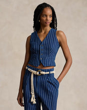 Load image into Gallery viewer, Model wearing Polo Ralph Lauren - Pinstripe Linen/Cotton Vest in Navy.
