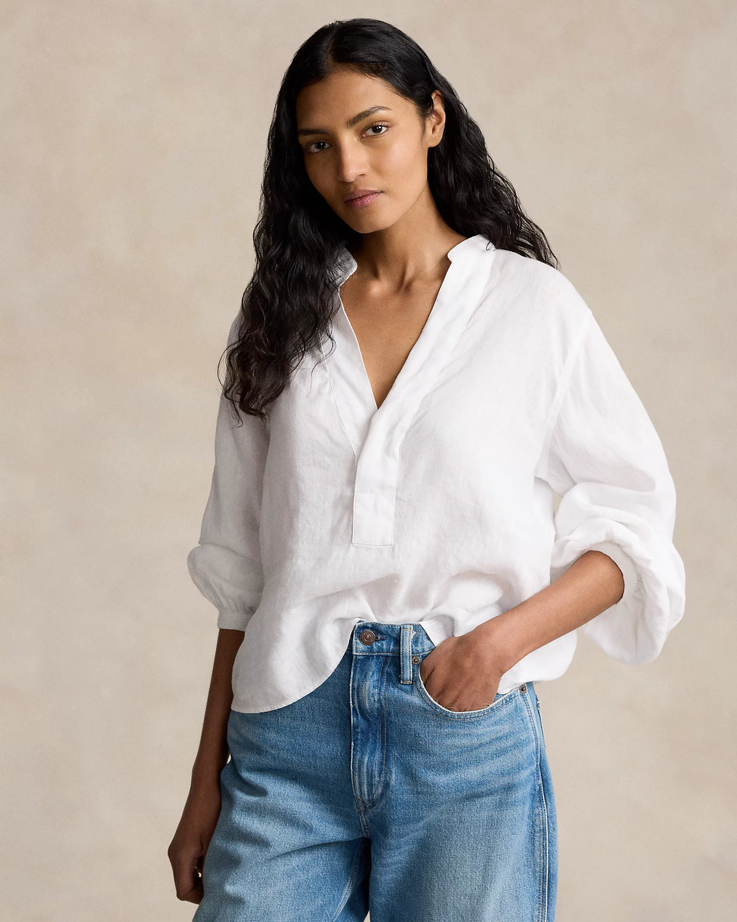 Model wearing Polo Ralph Lauren - Linen Blouse in White.