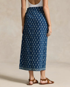 Model wearing Polo Ralph Lauren - Printed Cotton Wrap Skirt in Navy/Bell Floral - back.