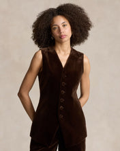 Load image into Gallery viewer, Model wearing Polo Ralph Lauren - Long Velvet Vest in Circuit Brown.
