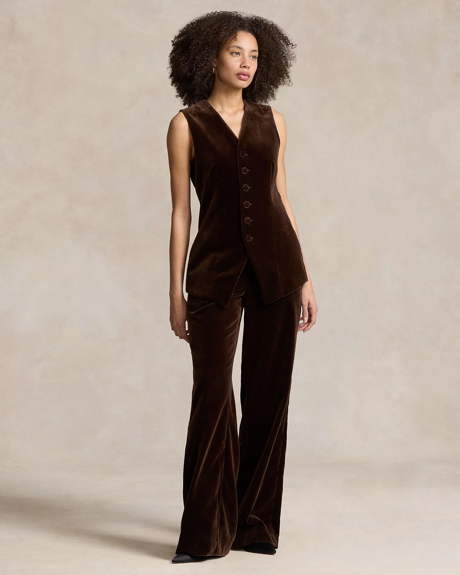 Model wearing Polo Ralph Lauren - Stretch-Cotton Velvet Wide-Leg Pant in Circuit Brown.