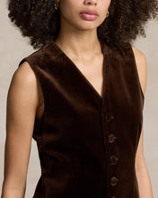 Load image into Gallery viewer, Model wearing Polo Ralph Lauren - Long Velvet Vest in Circuit Brown.
