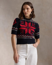 Load image into Gallery viewer, Model wearing Polo Ralph Lauren - Snowflake-Motif S/S Sweater in Navy/Red Multi.
