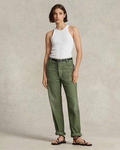 Model wearing Polo Ralph Lauren - The Ricky Pant in Olive.