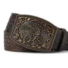 Load image into Gallery viewer, RRL - Leather/Brass Motorcycle Graphic Wesley Belt in Black/RRL Vintage Brass.
