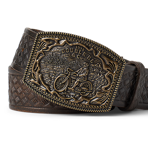 RRL - Leather/Brass Motorcycle Graphic Wesley Belt in Black/RRL Vintage Brass.