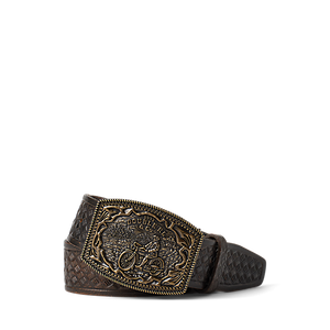 RRL - Leather/Brass Motorcycle Graphic Wesley Belt in Black/RRL Vintage Brass.