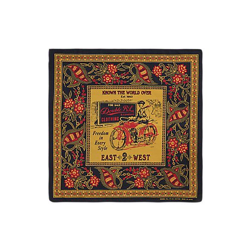 RRL - Motorcyclist-Print Cotton East 2 West Bandana in Navy/Yellow/Red.