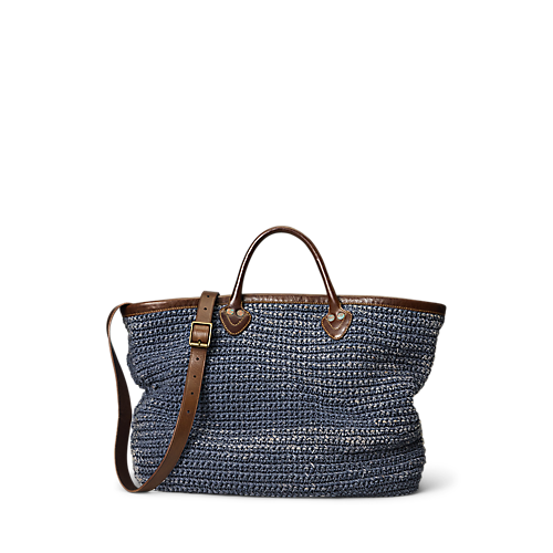 RRL - Large Cotton/Jute/Leather Beach Bag in Indigo/Brown.