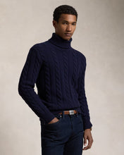 Load image into Gallery viewer, Model wearing POLO Ralph Lauren - Cable Knit Wool Cashmere Turtleneck Sweater in Navy.
