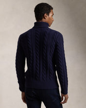 Load image into Gallery viewer, Model wearing POLO Ralph Lauren - Cable Knit Wool Cashmere Turtleneck Sweater in Navy - back.
