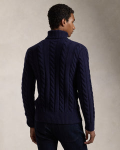 Model wearing POLO Ralph Lauren - Cable Knit Wool Cashmere Turtleneck Sweater in Navy - back.