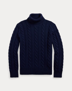 POLO Ralph Lauren - Cable Knit Wool Cashmere Turtleneck Sweater in Navy.