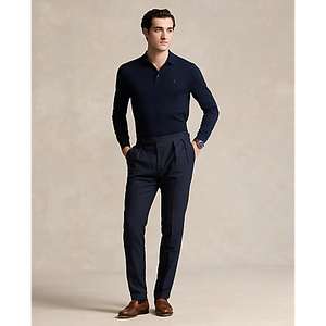 Model wearing POLO Ralph Lauren - LS Merino Wool Button Placket Polo Sweater in Hunter Blue.
