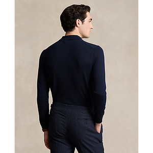 Model wearing POLO Ralph Lauren - LS Merino Wool Button Placket Polo Sweater in Hunter Blue - back.